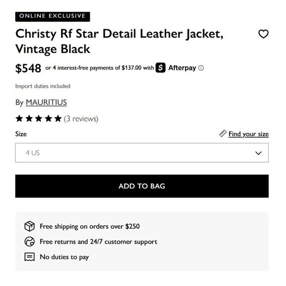 Mauritius Christy Rf Star Detail Leather Jacket, Vintage Black - NEW - Picture 5 of 15